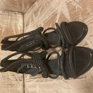 L.A.M.B  Black Leather Vine Gladiator Heels Sandal